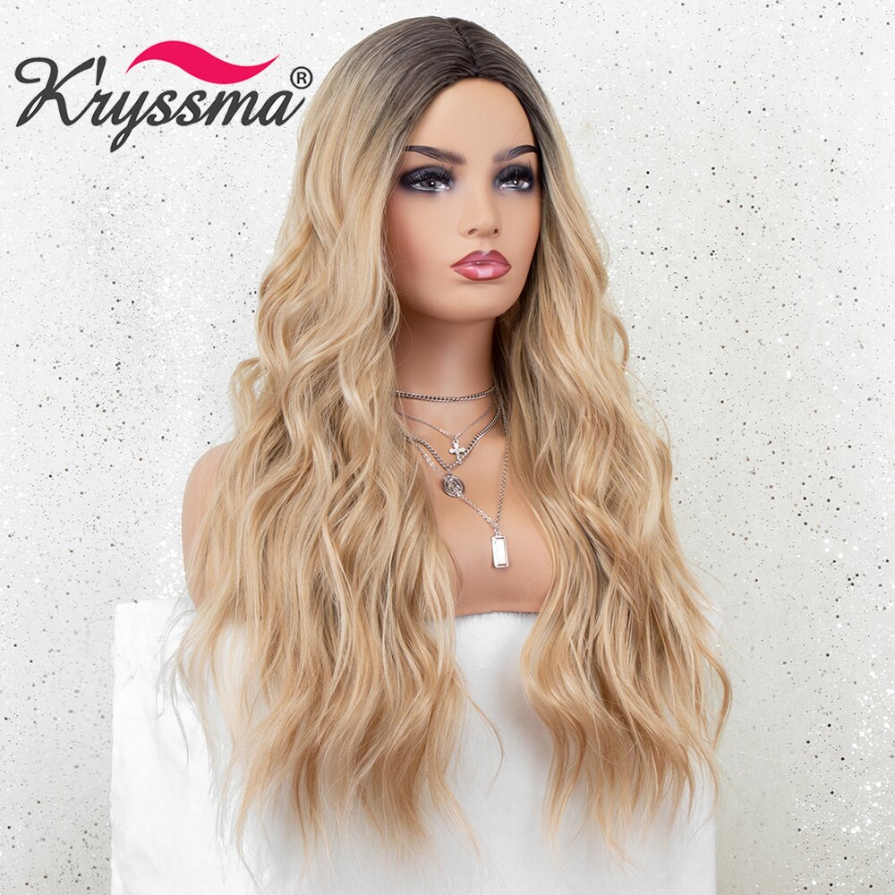 Kryssma Ombre Blonde Wigs Long Wavy Synthetic Wigs For Women Cosplay Wigs Blonde Wig Mixed Black Heat Resistant Fiber Hair