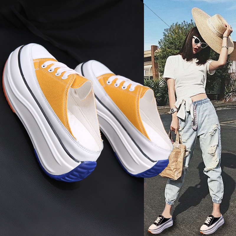 Summer half slippers Baotou without heel inside increase women's sneakers outdoor canvas walking shoes women ZZ-245