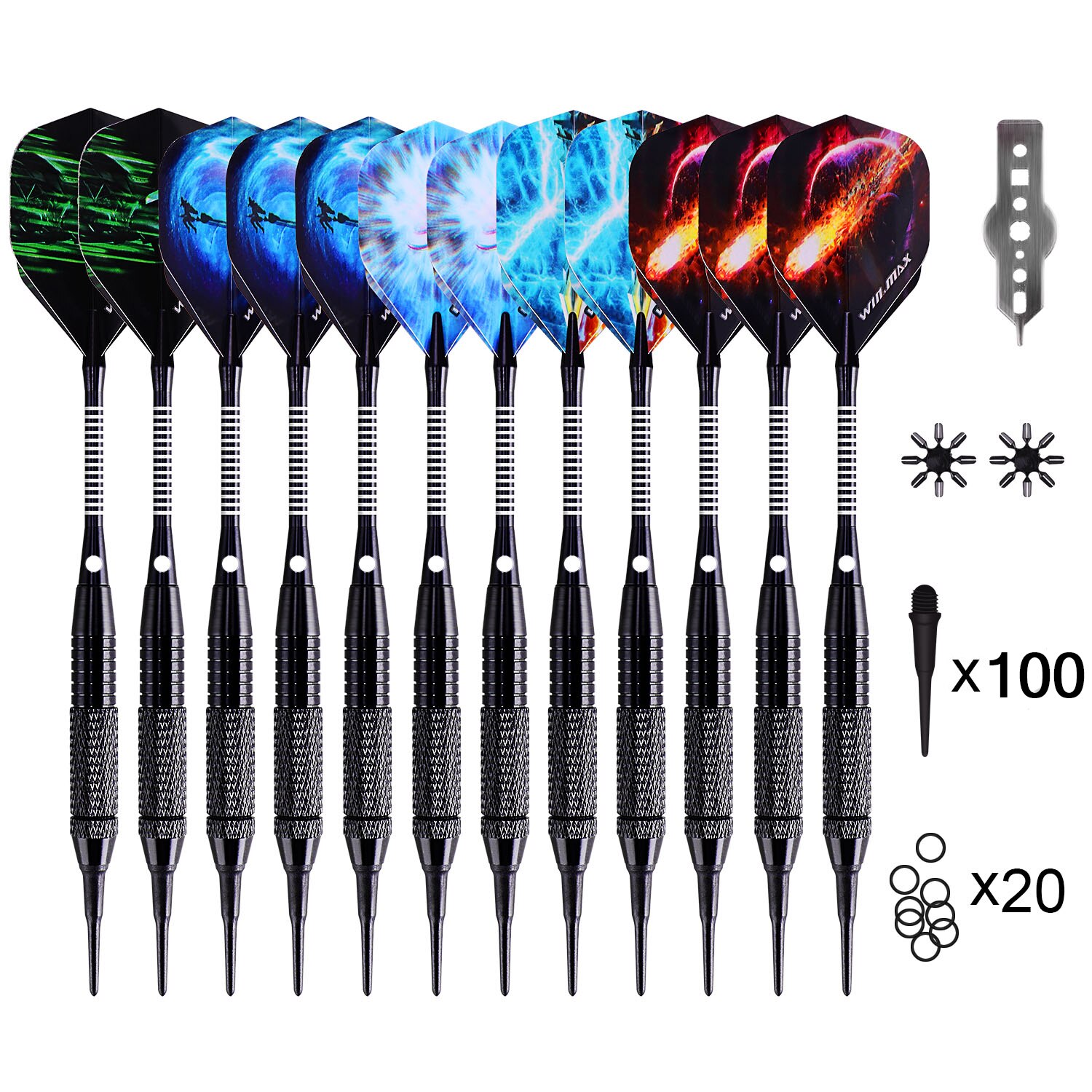 WINMAX 12 Pcs Darts Flights Set 18g Soft Tip For Electronic Dart Board Aluminium Shafts 100 Dart-Head 20 Anti-Loose Rubber Rings: Default Title