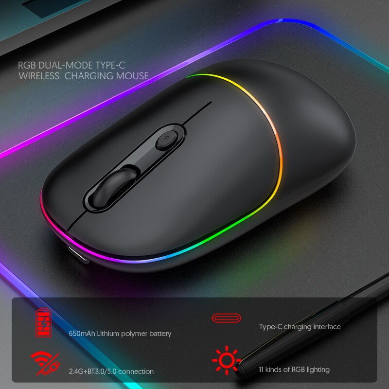 SeenDa Bluetooth+2.4G Wireless Mouse for Laptop Computer Backlit Bluetooth Mouse Rechargeable Ergonomic Mice Slient Click