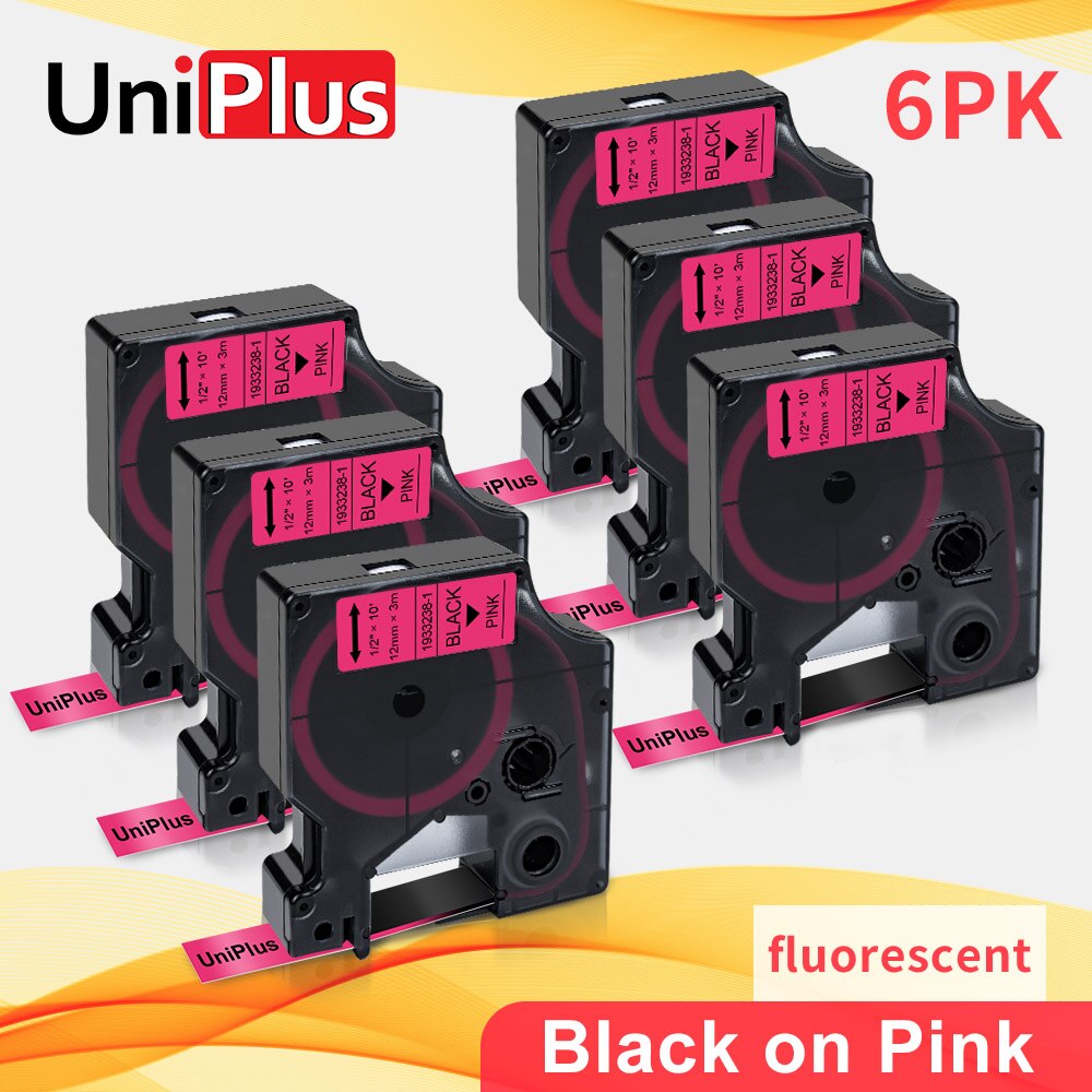 UniPlus 10PK Fluorescent Labeling Tape 12mm Compatible Dymo Tape D1 Black on Pink for Dymo Label Maker LabelPoint 300 350 200: 6 pieces