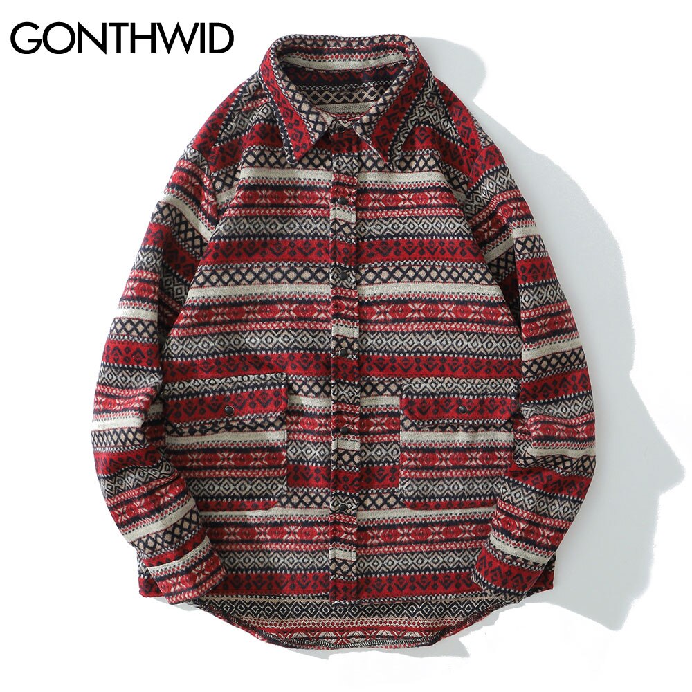 Gonthwide lange ermer tykke skjorter kåper streetwear hip hop geometri farge blokk stripete skjorter herre harajuku casual skjorte topper