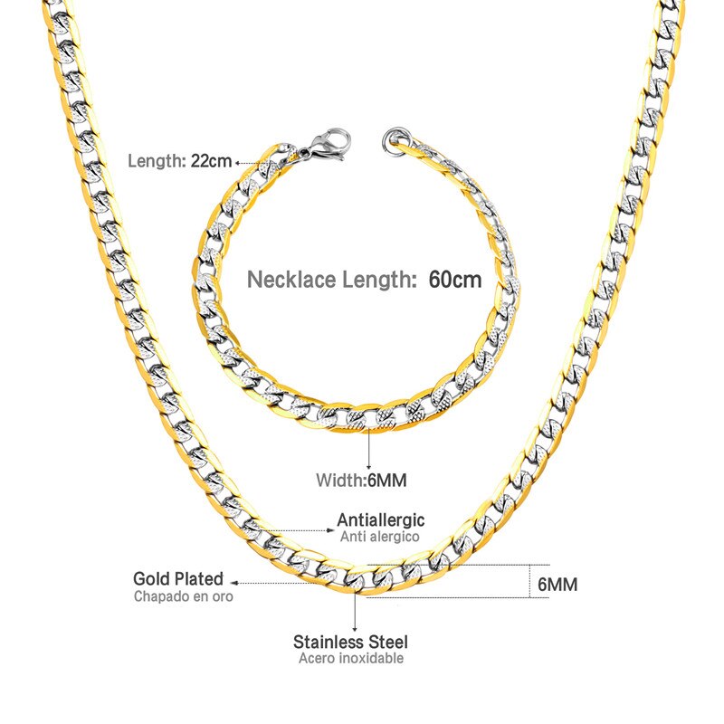 LUXUSTEEL Silver Color Chains Necklace Bracelets Width 6mm/8mm/10mm Length 50cm/55cm/60cm Stainless Steel Long Necklace Party: 6mm 60cm Mixed