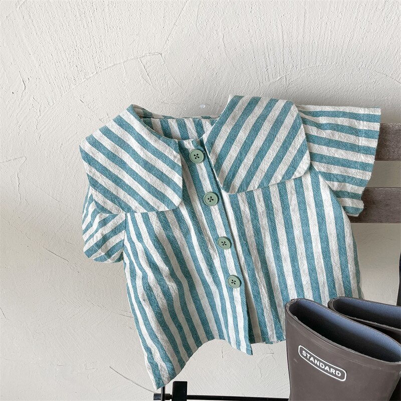 Deer jonmi 2022 camicie a righe Casual per bambini estive camicette a maniche corte camicette in cotone di lino per bambini in stile coreano: blue green striped / 24M