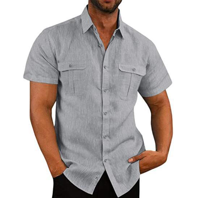 Katoen Linnen Mannen Korte Mouwen Shirts Zomer Effen Kleur Opstaande Kraag Casual Strand Stijl Plus Size mannelijke Shirts M-5XL: L / Sky Blue
