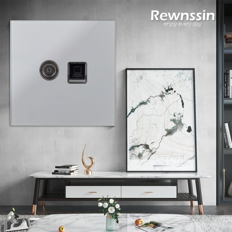 Wall Socket Internet Socket PC Data Female Dual Socket Telephone RJ45 Network Port Data TV Socket Silver Crystal Glass Panel