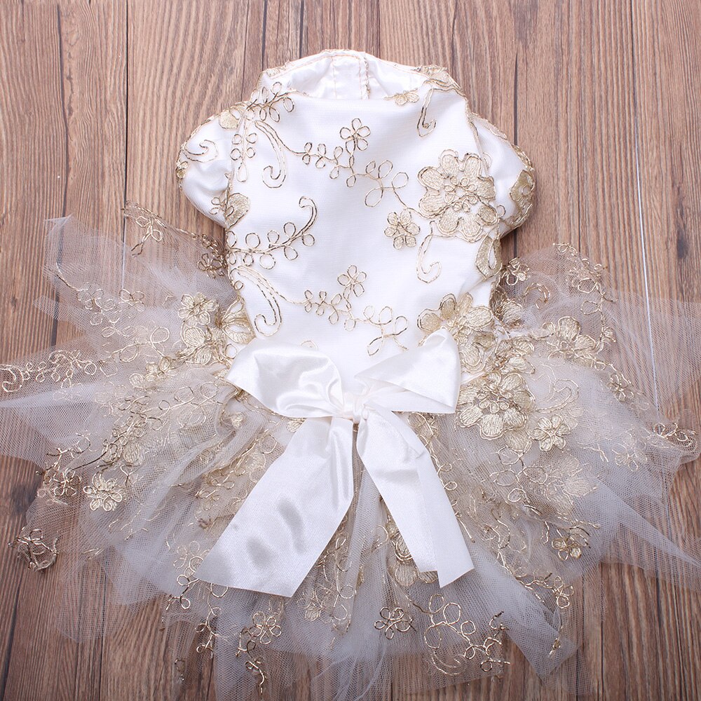 Dog Wedding Dress Floral Lace Cat Puppy Princess Skirt Dresses Apparel 5 Size 2 Colours dog dresses: XL / Gold