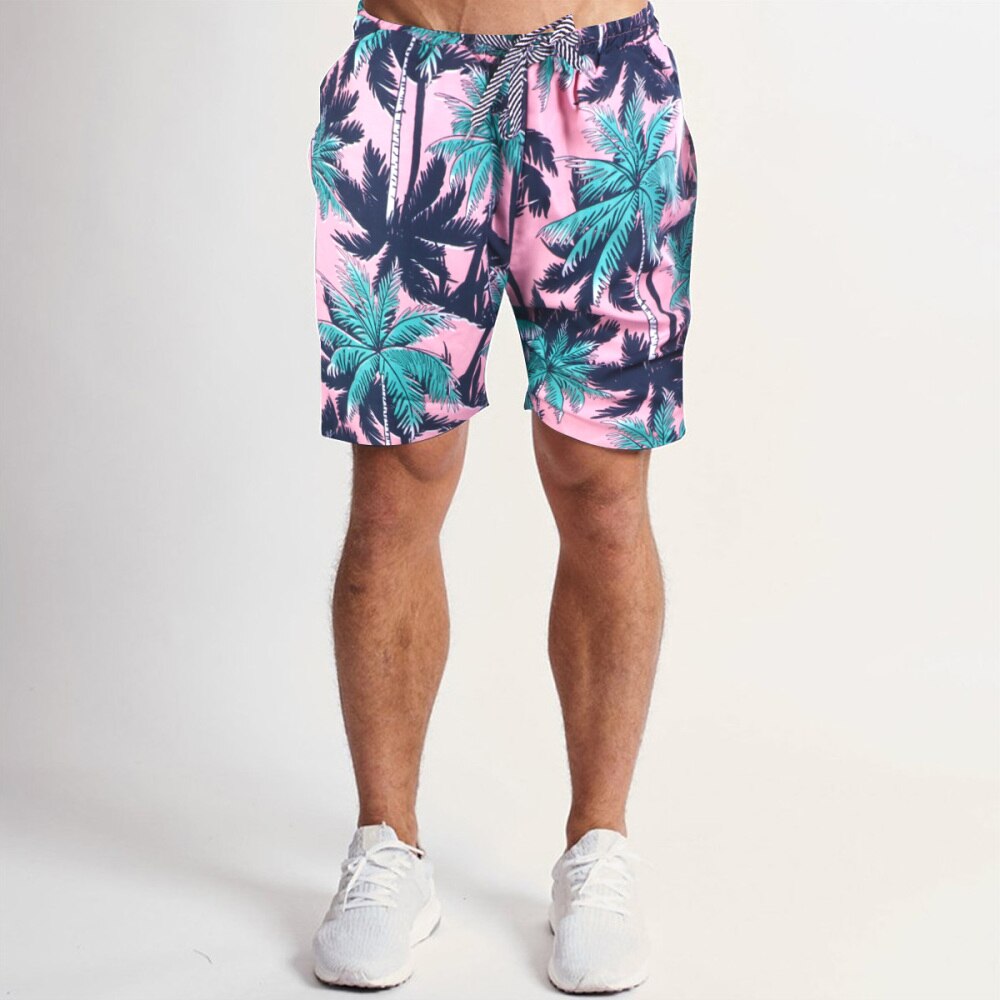 1pc Men Beach Shorts Men Shorts Pants Casual Shorts Pants Coconut Tree Pattern Pants (Pink, M): XXL