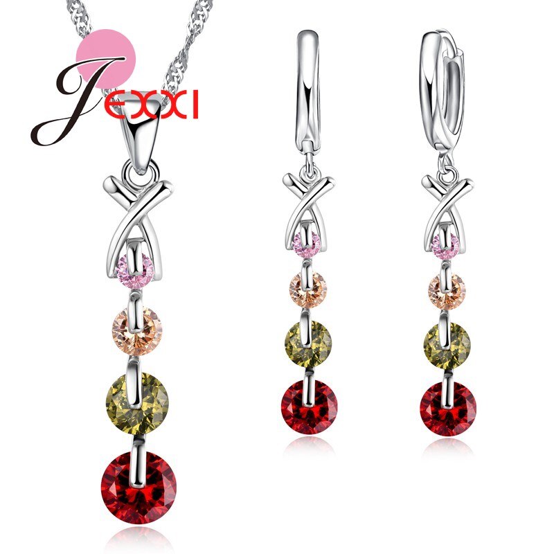 Zircão cúbico colorido 925 prata esterlina colar/brincos/pingente conjunto de jóias para mulher/meninas preço por atacado