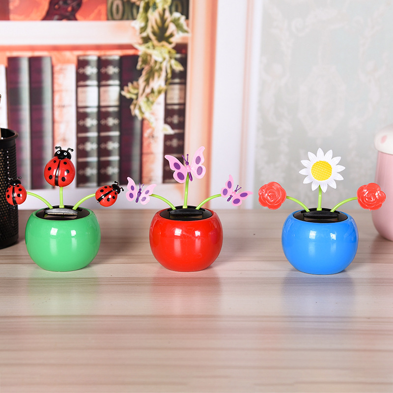 Home Decoration Solar Powered Dancing Toy Car Ornament Children's Toys Flower Butterfly Bee Car Accessories 1Pcs