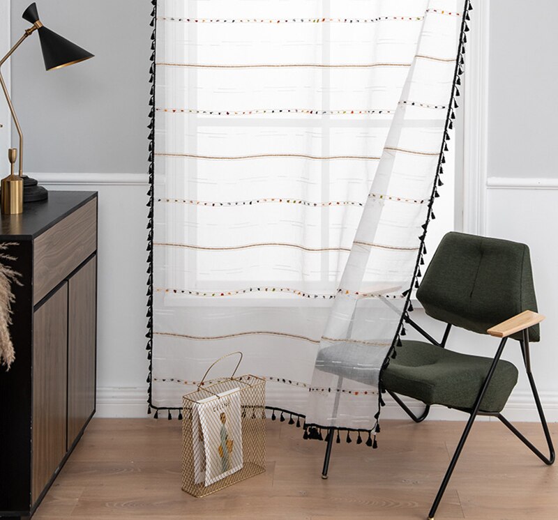 White Pom Pom Sheer Curtains For Girls Bedroom Living Room Tasseled Linen black Semi-Sheer Curtains Voile Panels