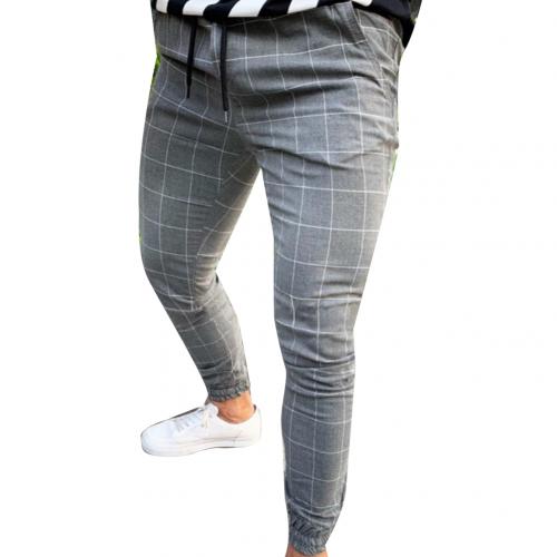 Men Plaid Print Drawstring Elastic Casual Slim Fits Pencil Pants Trousers: L / Light Gray