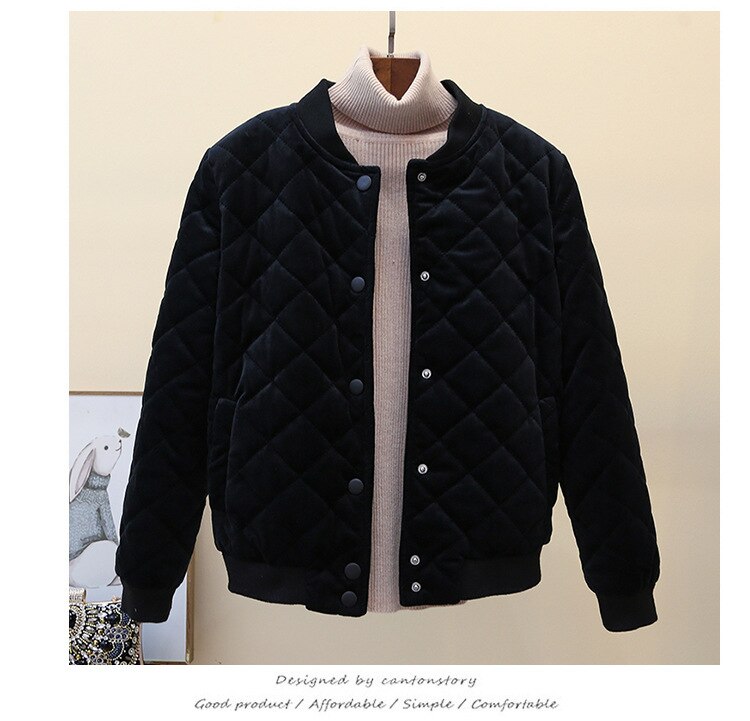 Jacka dam guld sammet vadderad baseball uniform kappa harajuku bomull kostym chaqueta mujer dunjackor kvinnliga kläder  b92303: Svart / S