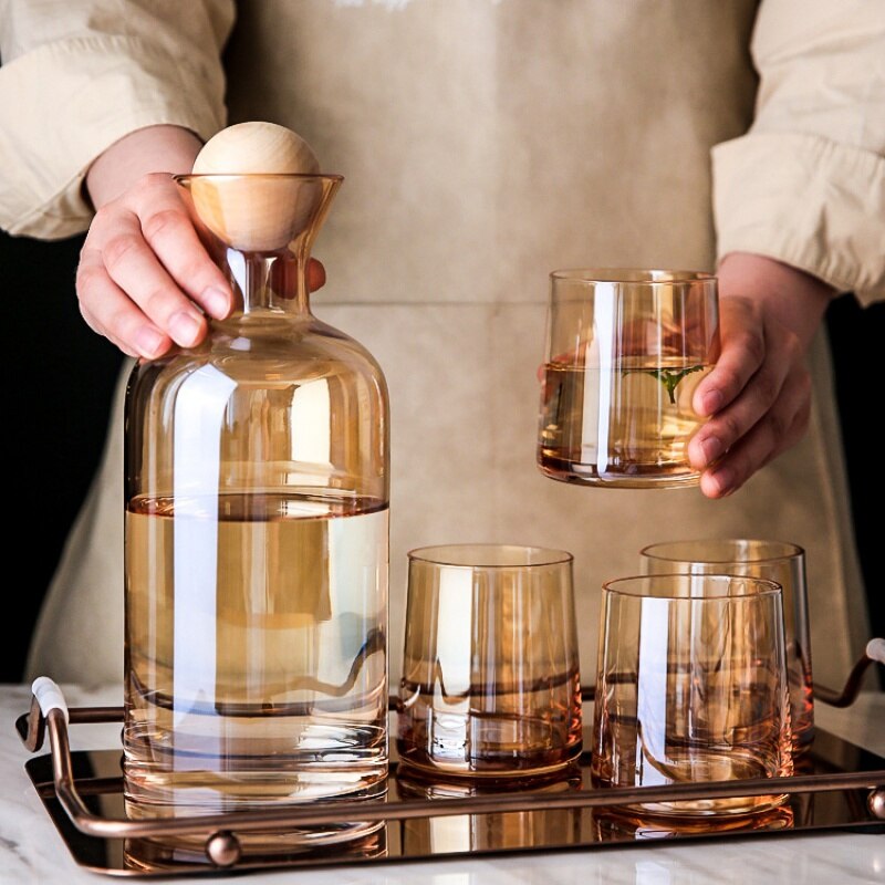 JINYOUJIA Nordic Glass Carafe Water Pitcher with Wood Lid Kettle Drinking Cup Tea Pot Juice Jug Household Drinkware