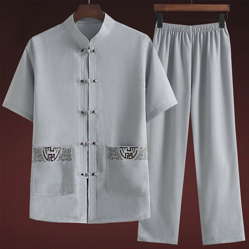 Traditionele Chinese Kleding Set Voor Mannen Volwassen Tai Chi Kung Fu Uniformen Linnen Korte Mouwen Borduren Casual Chinese Kostuums