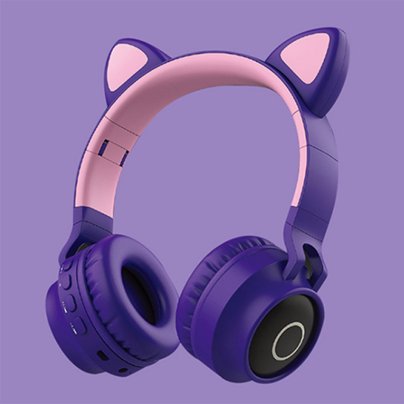 Bluetooth Headphones,Cat Ear LED Light Up Wireless Foldable Headphones Over Ear with Microphone and Volume Control for iPhone: Purple