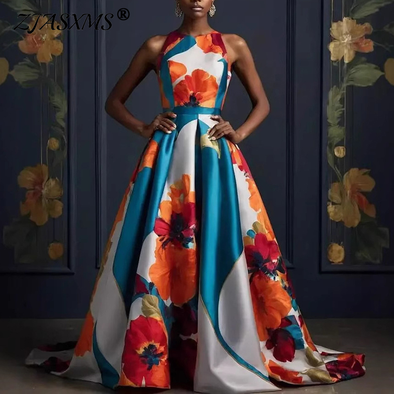 Vestidos sexis sin mangas con dobladillo, vestido de noche para mujer con estampado de flores, vestido largo de cintura alta, Vestidos largos bohemios con cuello redondo para primavera y verano
