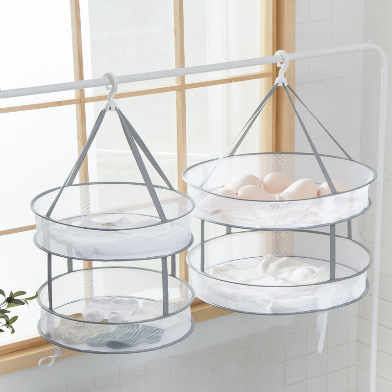 Diameter 48cm Laundry Basket Mesh Folding Nets Double Layer Windproof Clothes Dryer Drying Rack For Sweaters Hanging