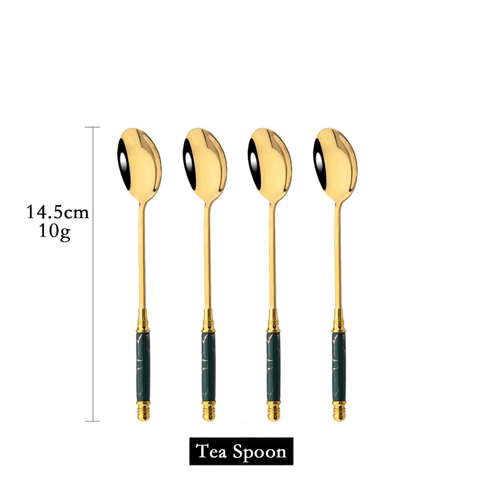 4/20PCS Gold Stainless Steel Flatware Cutlery Set Dinnerware Set Emerald Marble Ceramic Handle Knife Fork Tea Spoon Dinner Set: 4Pcs Tea Spoon