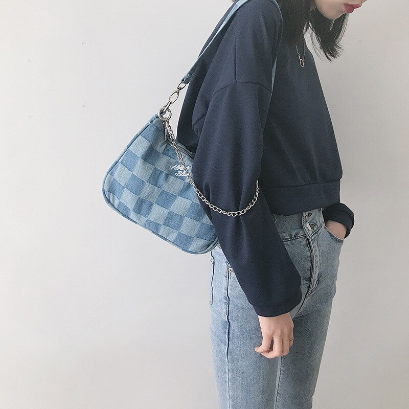 Frauen Kleine Schulter Taschen Blau Überprüft Handtasche Leinwand Tote Kette Unterarm Tasche Damen Denim Halbe Mond Taschen Baumwolle Tuch Geldbörse