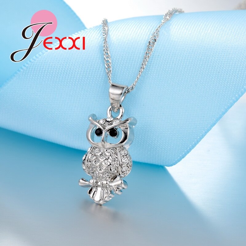 Cartoon Uil Dier Statement Ketting + Oorbellen 925 Sterling Zilveren Sieraden Sets Bruiloft Anniversary Bijoux