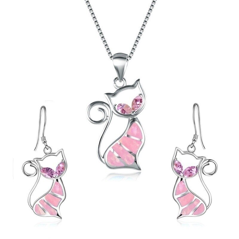 Modieuze Stijl Dier Accessoires Set Leuke Kat Hanger Ketting Oorbellen Vrouwen Bruiloft Engagement Verjaardag Partij Sieraden: Roze