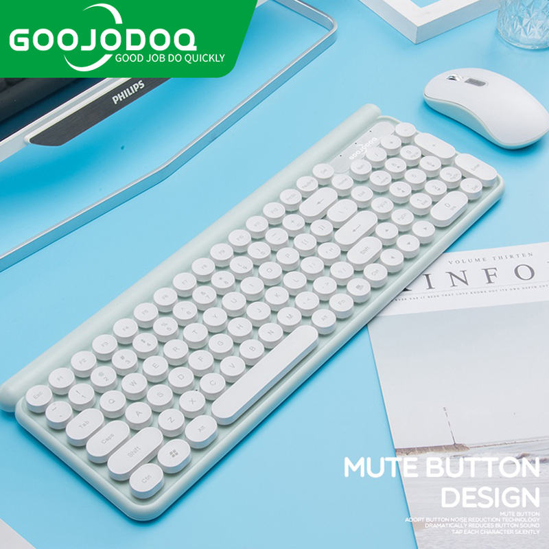 GOOJODOQ Wireless Keyboards for Laptop Round Caps Retro Typewriter Portable Gamer Keyboard and Mouse Set for Windows iOS Android