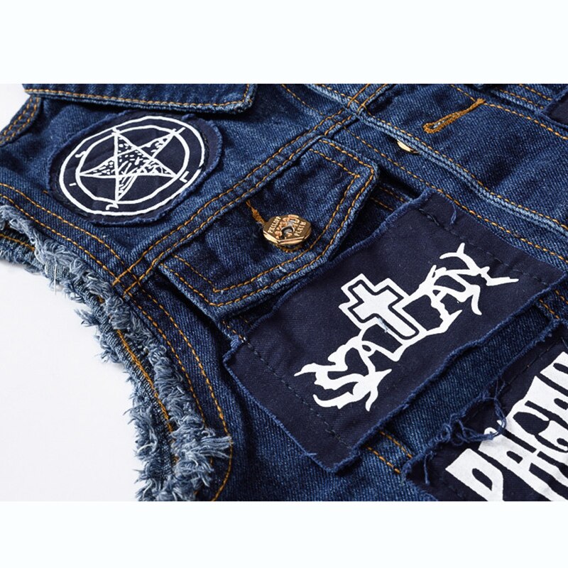 Faliza Hip Hop Mannen Patches Jeans Vest Ripped Denim Vest Mannen Denim Vest Man Mouwloos Jeans Vest Verzwakte MJ-101