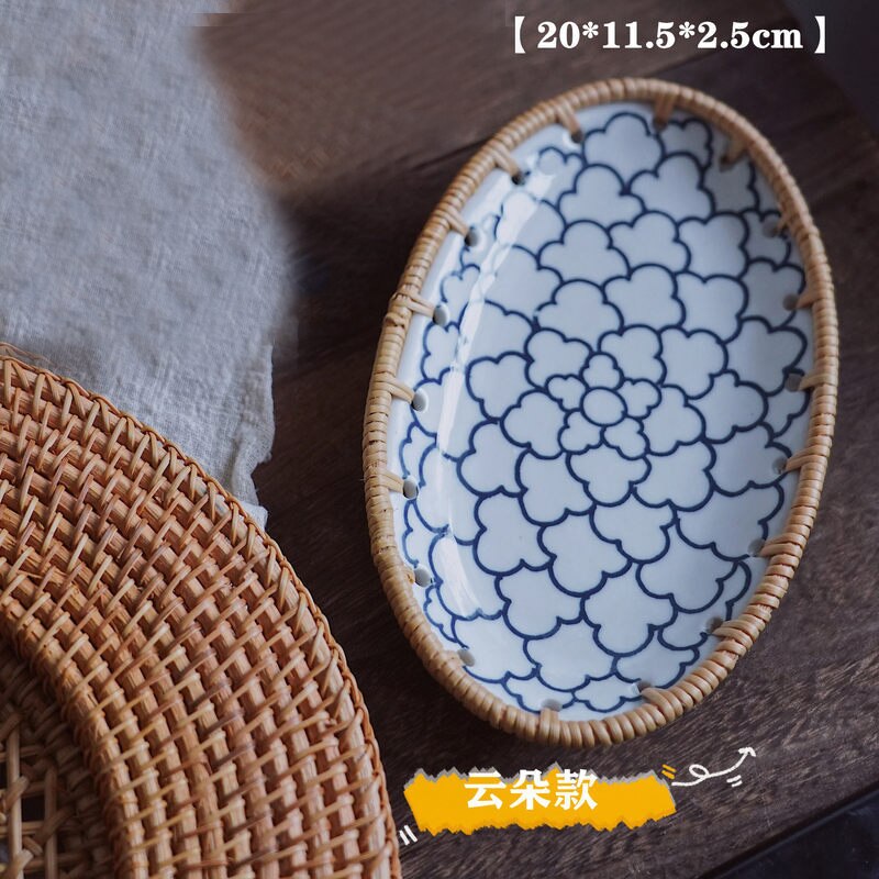Plato de empalme de porcelana de ratán, platos de cerámica de postre de fruta hechos a mano, platos de almacenamiento para el hogar, plato de baratija ovalado, Producto respetuoso con el medio ambiente: 20x11.5x2.5cm