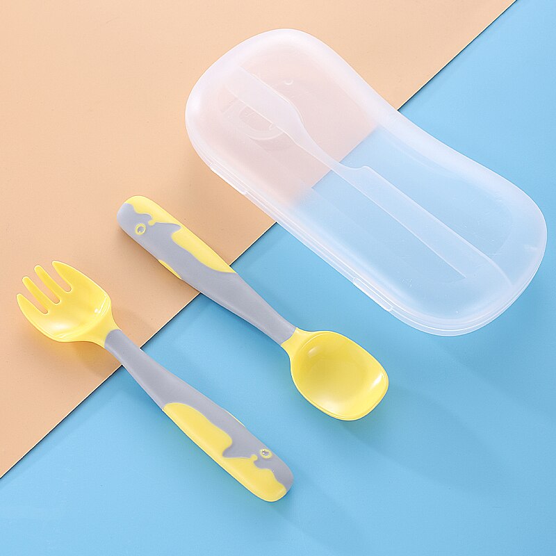 Baby Gadgets Tableware Set Children Utensil With Storage Box Toddler Dinnerware Cutlery Cartoon Infant Food Feeding Spoon Fork: Yellow With Box