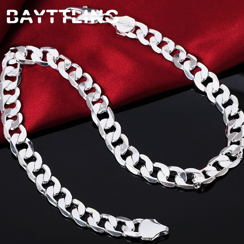 BAYTTLING 925 Plata 18/20/22/24/26/28/30 pulgadas 12MM laterales completos Cuba collar de cadena para los hombres y las mujeres joyería de: 75cm