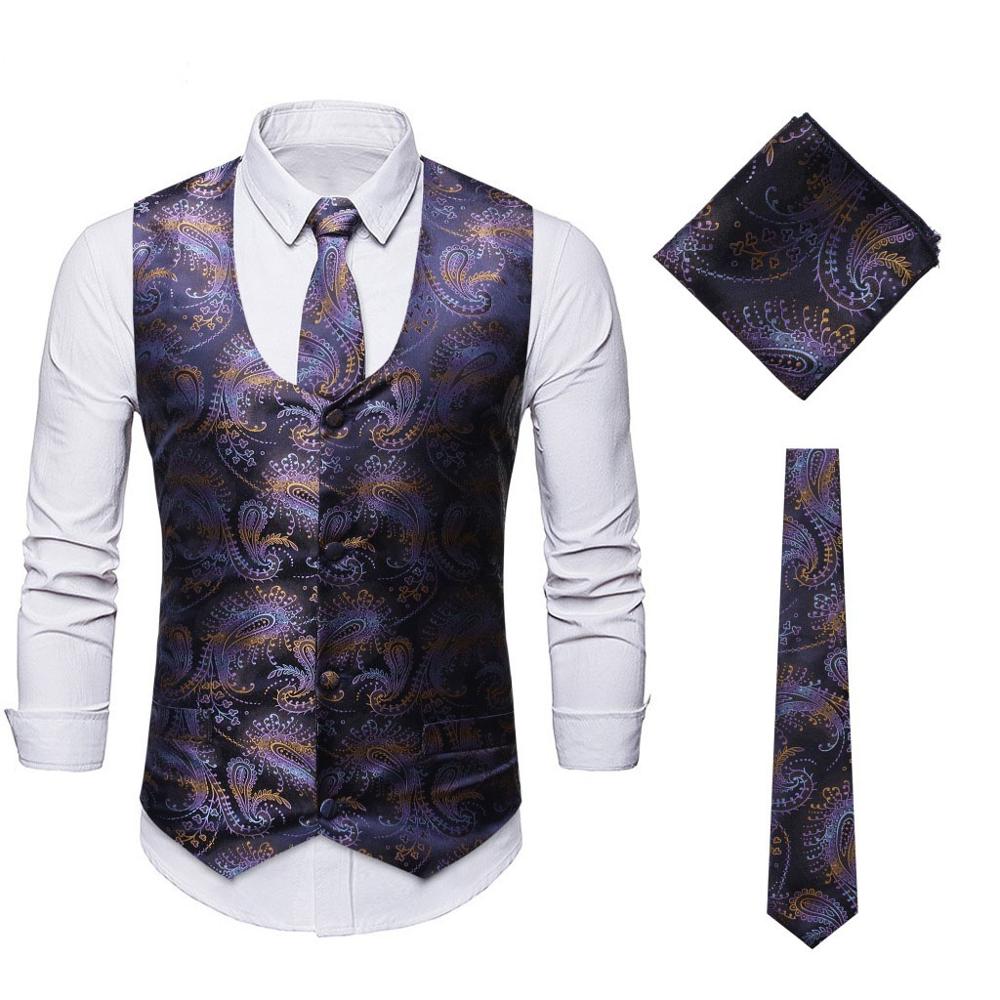 Vinröd paisley väst herr 3 st väst slips näsduksset märke bröllopsklänning väst herr chaleco hombre xxl: Lila / S
