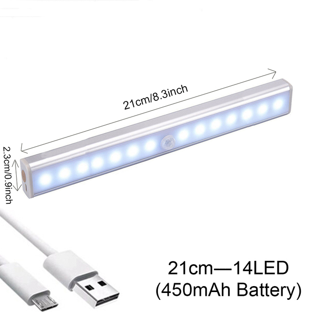 Regleta de Luces LED Recargable mediante Puerto USB, Lámpara con Sensor de Movimiento para Iluminar por la Noche la Pared y Debajo del Armario, para la Cocina y el Dormitorio, 6, 10, 24, 40 y 60 LEDs: 14LED / Blanco frío
