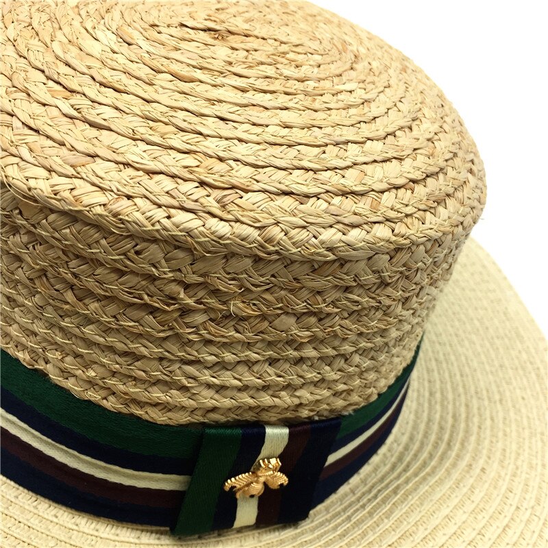 Meisjes Natuurlijke Raffia Floppy Strooien Hoed Gestreepte Band Platte Rand Zomer Schipperhoed Vrouwen Raffia Schipper Strand Strooien Hoed