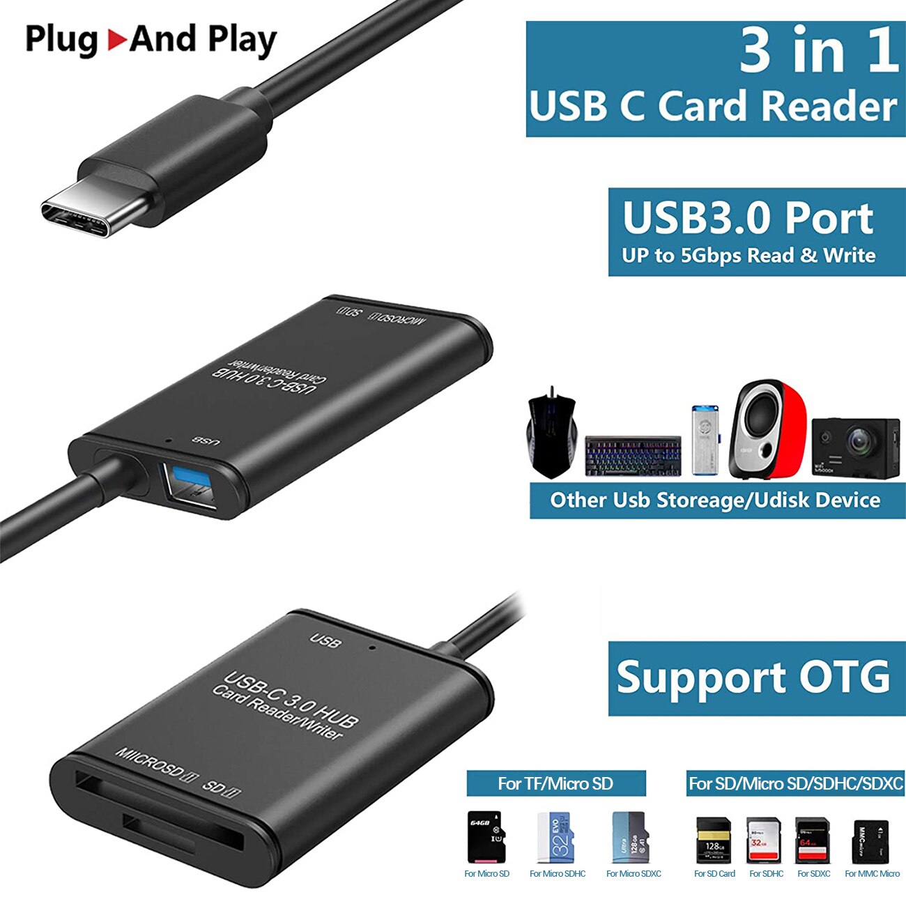 Usb c kortläsare/skrivare/otg adapter usb 3.0 kortläsare adapterkapacitet för sd-kort macbook kamera android windows linux vista