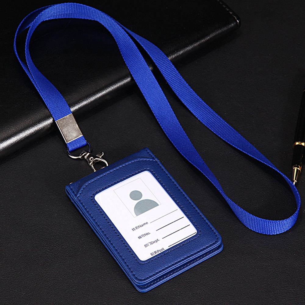 Leather Wallet Work Office Retractable Lanyard with Silica Gel Material ID Card Credit Card Badge Holder + Lanyard + 5 Slots: blue