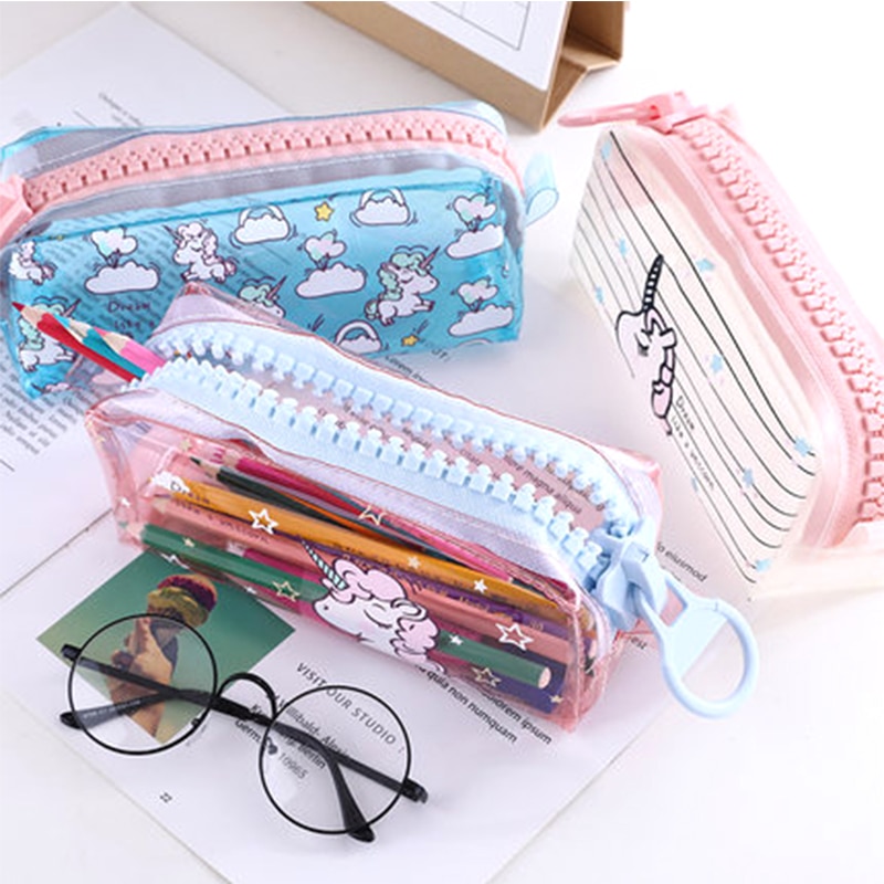 Estuche transparente de unicornio para lápices, estuche escolar de gran capacidad con cremallera, bolsa de almacenamiento, caja de suministros para la escuela, de papelería