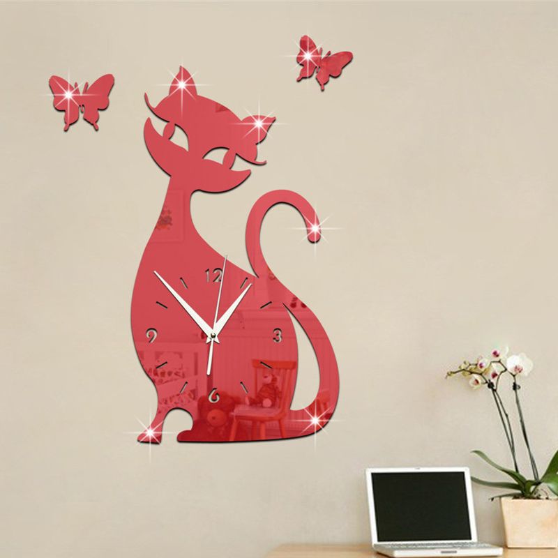 Acrylic Mirror Wall Clock Cartoon Cat Pointer Clock Watch Office Living Room Wall Mounted Clocks Decoration часы настенные