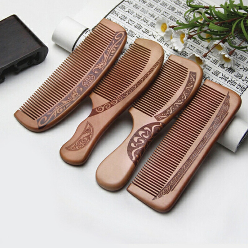1pc Anti-Static Comb Natural Peach Solid Wood Comb Engraved Peach Wood Healthy Massage Hair Care Tool Beauty Accessories