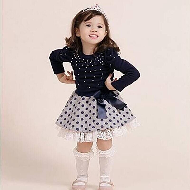 Otoño bebé niña de manga larga de algodón de estampado de lunares blusa de lazo anudado faldas cortas conjunto de trajes Casual