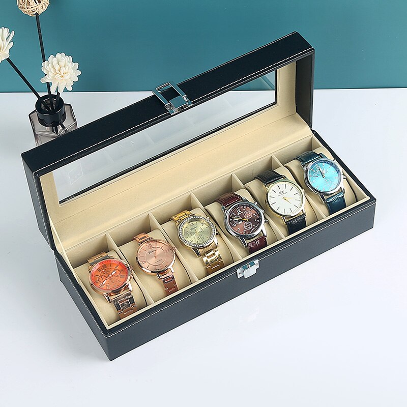 Horloge Box Organizer 6 10 Slot Premium Vitrines Met Glazen Deksel Slot Voor Mannen Vrouwen Horloge En Sieraden Houder dozen Zwart