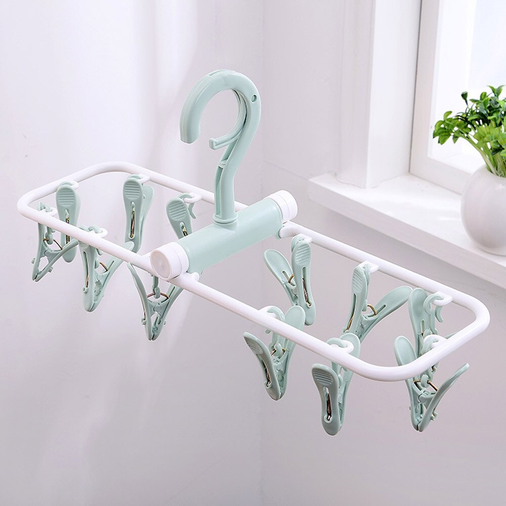 12 Clip Folding Drying Rack Multi-functional Underwear Socks Clip Plastic Rack Clothes Hanger Dryer Towels Cloth Drying Rack: Green