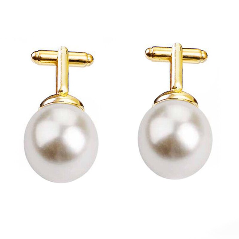 Perler manchetknapper til mænd runde hvid efterligning perle manchet link kvinder jakkesæt forretning manchetknapper bryllupsfest cuflink: Guld