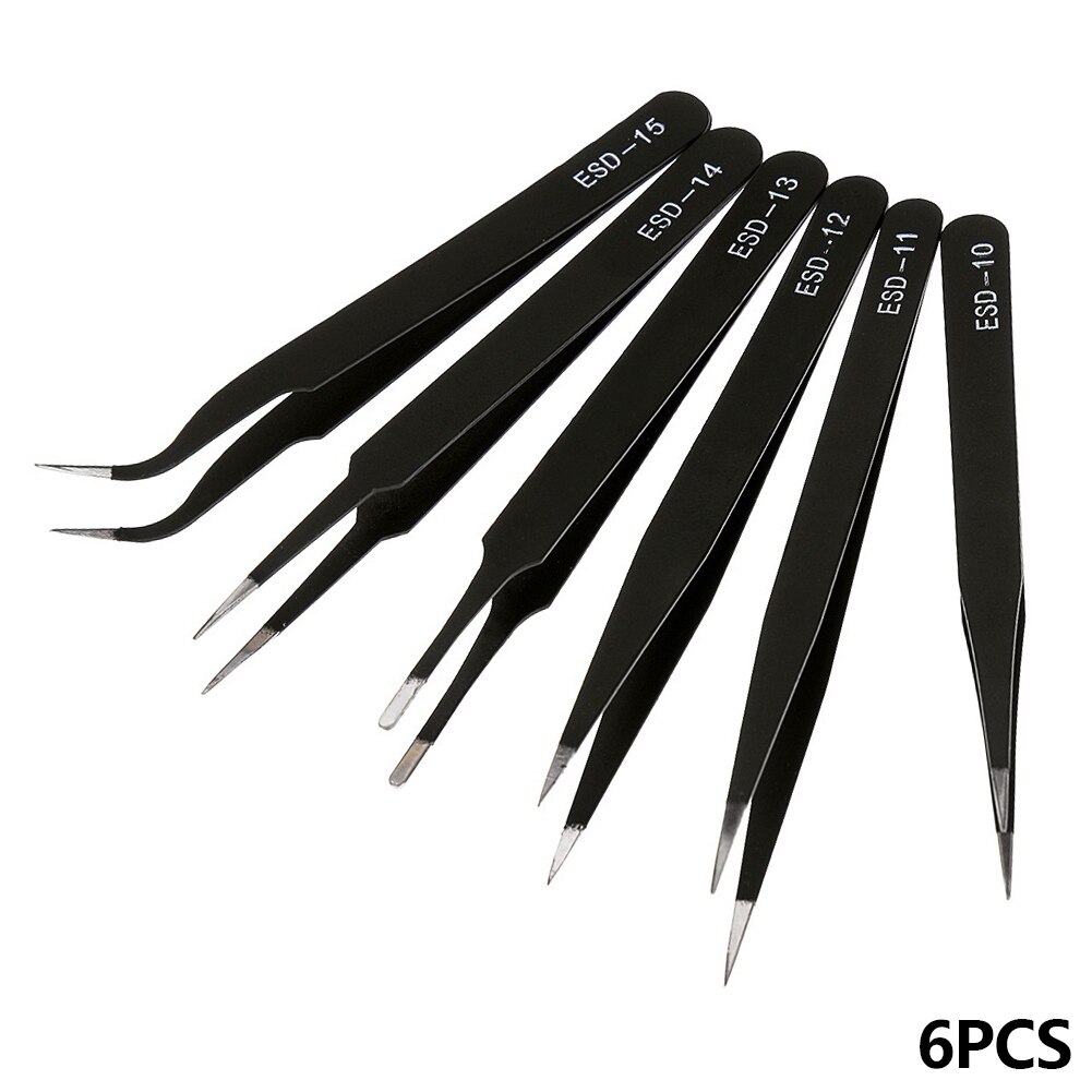 6Pcs ESD Anti-Static Stainless Steel Tweezer Set Maintenance Repair Tool Kit Anti Static Model Making Tool Hand Tool Set