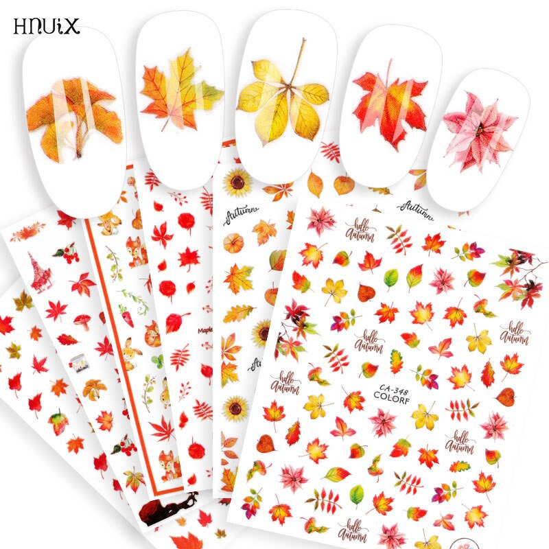 HNUIX 1 leaf Nail Art 3D decal fall theme nails sliders decor boards maple leaf pattern sticker for nail art filigree decals