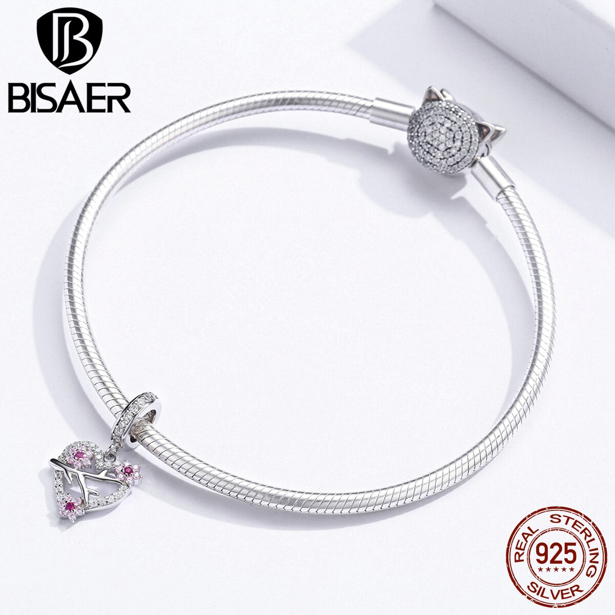 BISAER 925 Sterling Silver Blooming Plum Pendant Pink Cubic Zircon Primrose Charms Beads fit Bracelets DIY Accessories EFC151