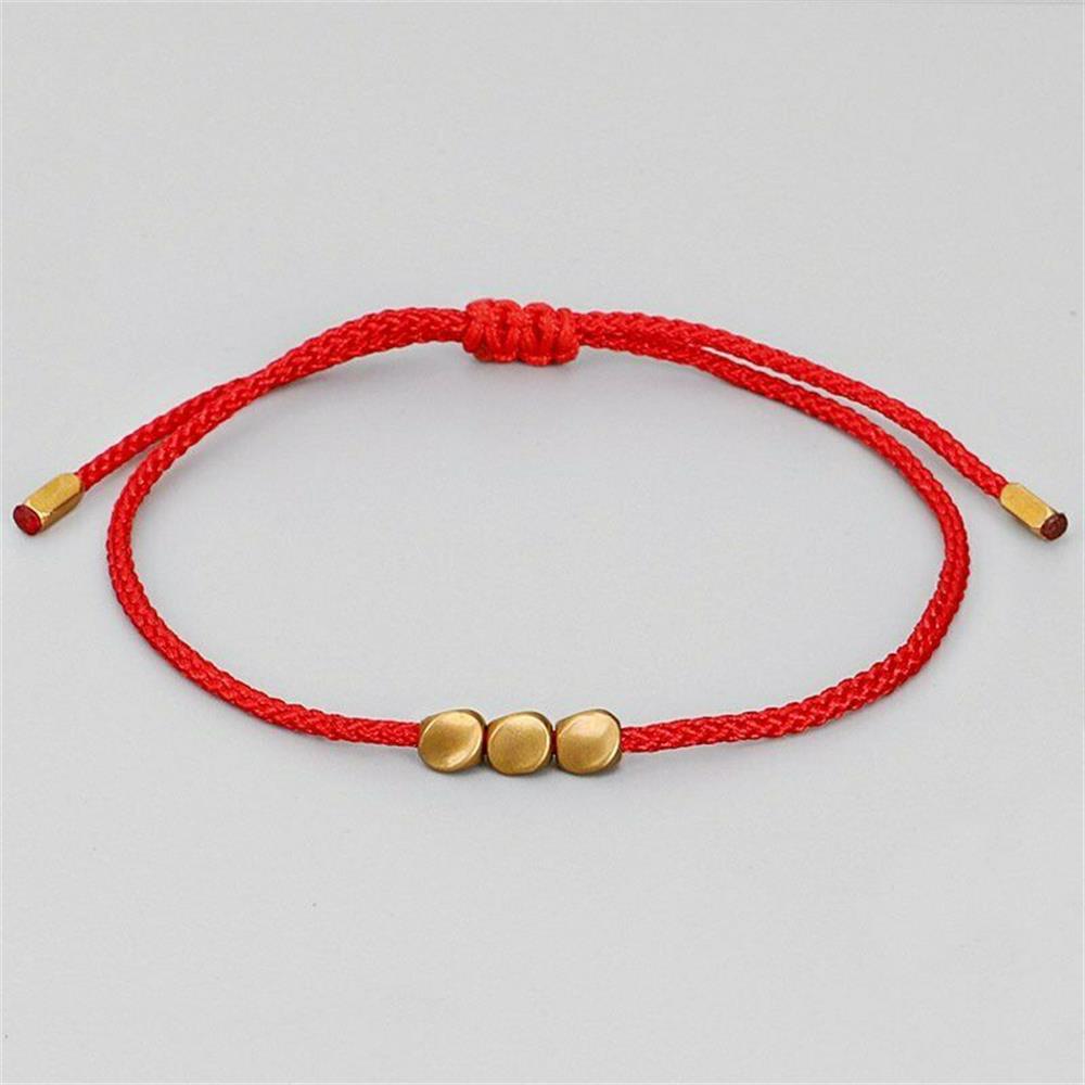 Feito à mão tibetano sorte corda pulseira com contas de cobre para mulheres homens trança fio de algodão pulseiras tamanho ajustável jóias presente: 3 Bead Red Rope