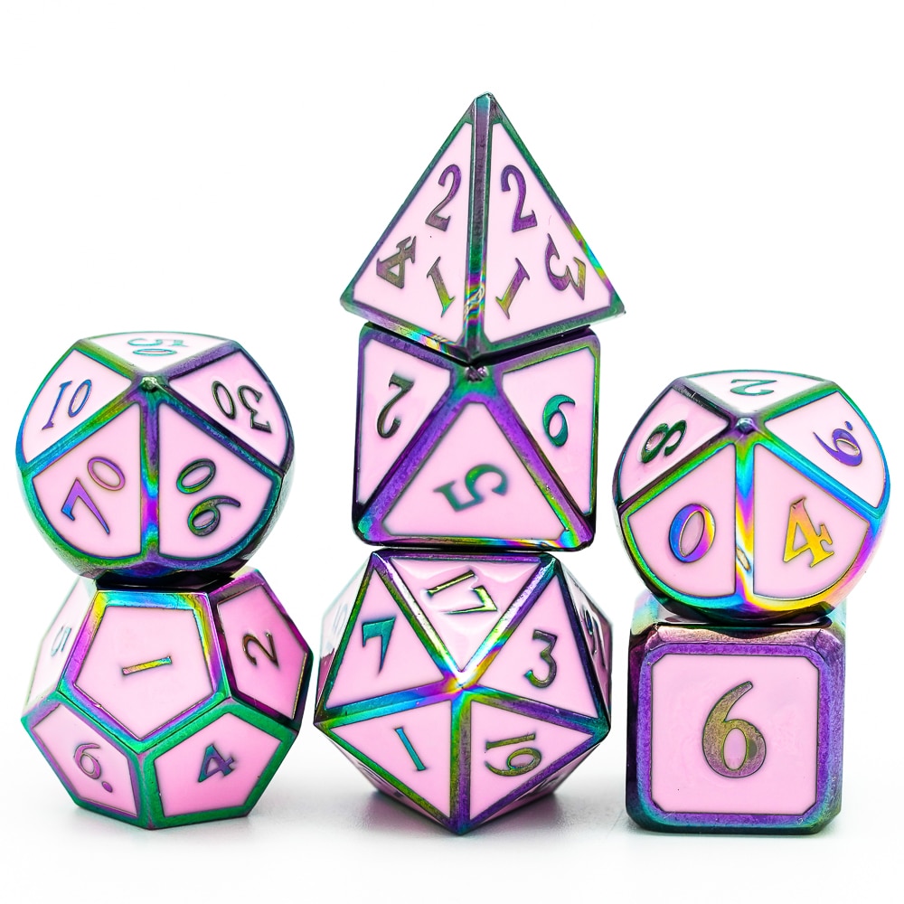 Cusdie Kleurrijke Metalen D & D Dobbelstenen, 7 Pcs Dnd Dobbelstenen, Polyhedrale Dobbelstenen Set, voor Rol Playing Game Mtg Pathfinder-Roze