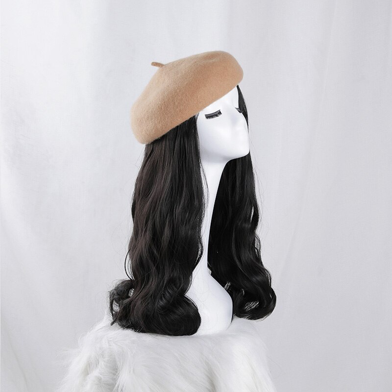 Boina de peluca sin pegamento, pelo liso clásico, Boina de pelo corto, Boina con volante grande, boina, peluca, gorro: Gris / verde