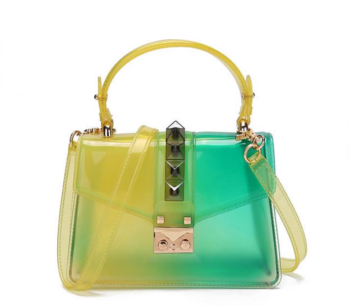 Clear Transparent saddle Bag Women rivet Jelly Bags Purse Panelled Color women Handbags sac a main femme Shoulder Bag: Yellow green